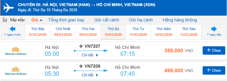 Giá vé máy bay Hà Nội Sài Gòn Vietnam Airlines