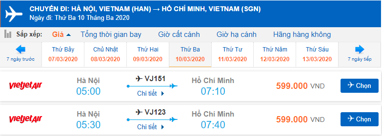 Giá vé máy bay Hà Nội Sài Gòn Vietjet
