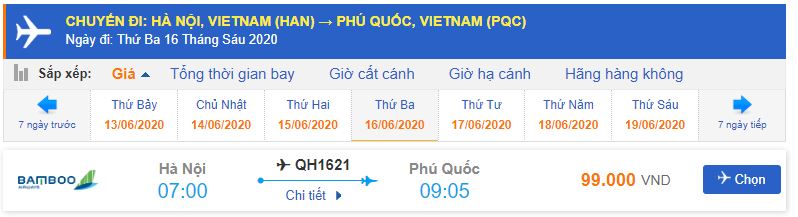 Giá vé máy bay Bamboo Airways đi Phú Quốc