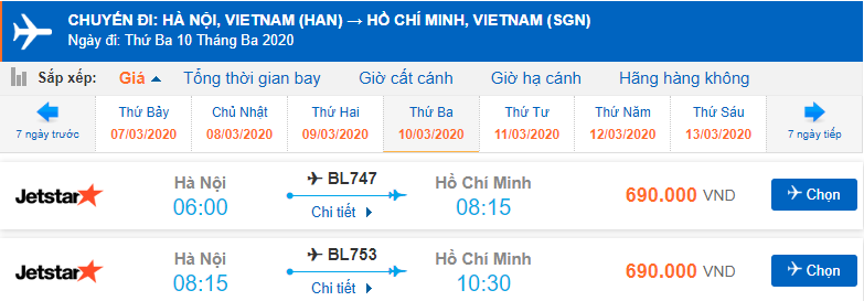 Giá vé máy bay Hà Nội Sài Gòn Jetstar