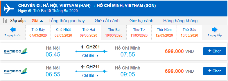 Vé máy bay giá rẻ Hà Nội đi Hồ Chí Minh Bamboo Airways