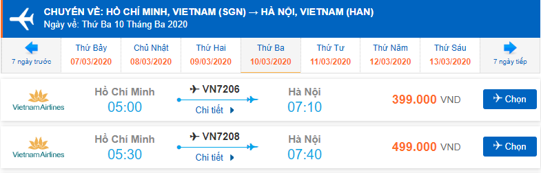 Vé máy bay khứ hồi Hà Nội Sài Gòn Vietnam Airlines
