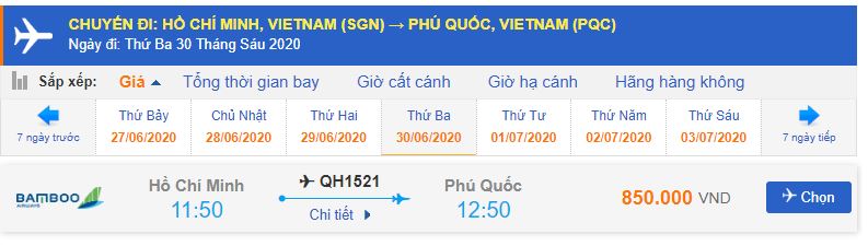 Giá vé máy bay bamboo airways đi Phú Quốc từ Sài Gòn